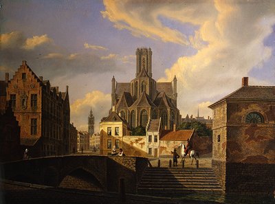 Townscape with a canal, bridge, steps and figures, with a medieval church and the tower of a town hall beyond by Dutch School