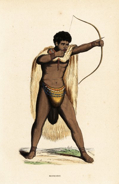 Khoikhoi man in animal skin cape, beaded loincloth, with bow and arrow by Duverger Duverger