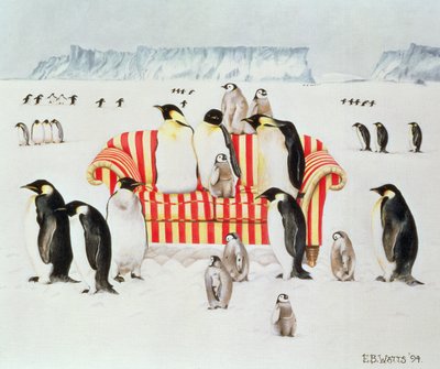 Penguins on a red and white sofa, 1994 by E.B. Watts