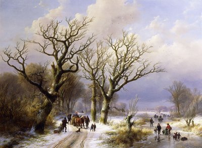 A Wooded Winter Landscape with Figures by E.J. Verboeckhoven
