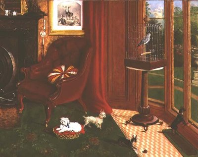 Interior with Terriers and a Parrot in a Cage by E.M. Fox