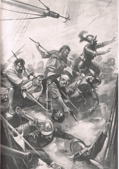 The English Repelling the Spaniards at San Juan de Ulua, illustration from 