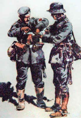 First aid orderly treats a wounded officer on the Western Front by E. (after) Dobrich