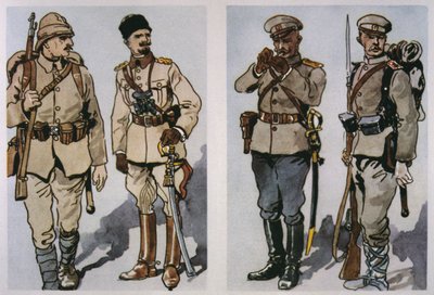 Turkish Infantryman and Officer and Bulgarian Infantry Officer and Foot Soldier of 1917 by E. (after) Dobrich