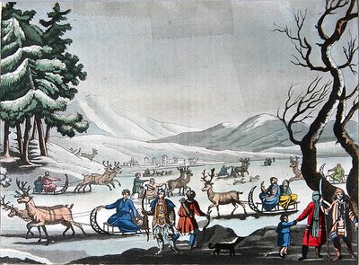 Tungus Leaving Their Winter Camp on Sleighs Pulled by Reindeer by E. (after) Karnejeff