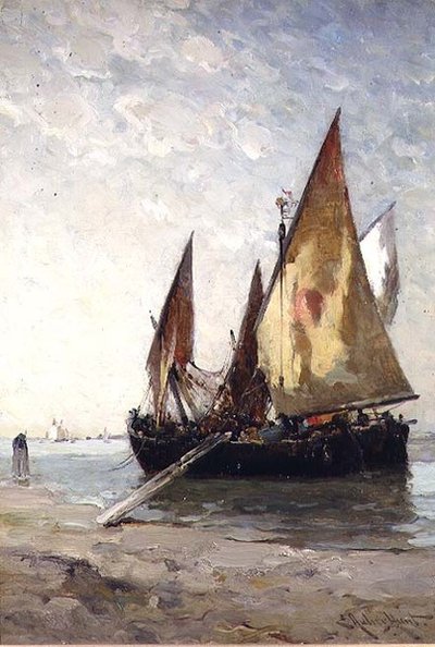Fishing Boats Moored on the Beach by E. Aubrey Hunt