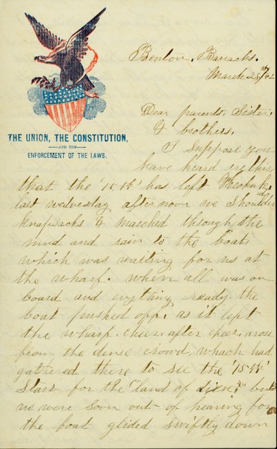 Letter signed E.G. Black, Benton Barracks, Mo., to his parents, sister, and brothers, March 28, 1862 by E. G. Black