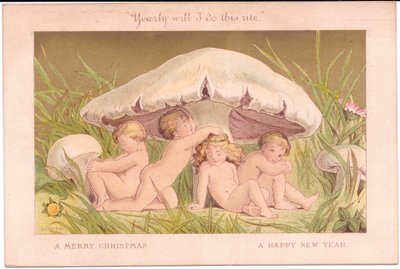 A Victorian Christmas and New Year card of a group of fairy children relaxing under a mushroom, all against a gold background by E. Gertrude Thompson