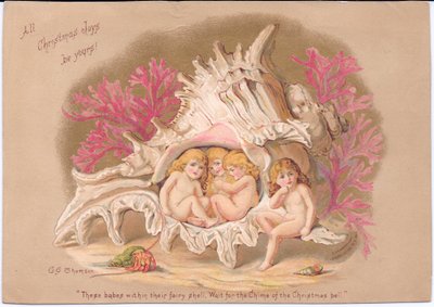 A Victorian Christmas card of four water babies sitting inside a Ramrose Murex sea shell, against a background of coral and a hermit crab inside its shell, by Gertrude Thompson by E. Gertrude Thompson