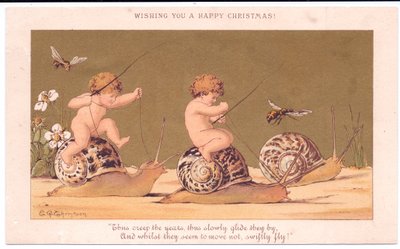 A Victorian Christmas card of two naked babies riding snails escorted by wasps against a gold background by E. Gertrude Thompson
