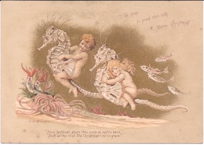A Victorian Christmas card of two water babies riding a seahorse with sea anemones and a shoal of fish, by Gertrude Thompson by E. Gertrude Thompson