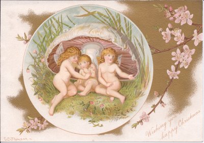 A Victorian Christmas of a group of fairies taking shelter from the rain under a toadstool, by Gertrude Thompson by E. Gertrude Thompson