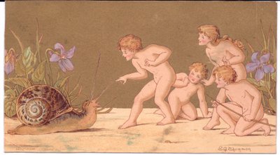 A Victorian greeting card of four naked fairies teasing a snail against a gold background, by Gertrude Thompson by E. Gertrude Thompson
