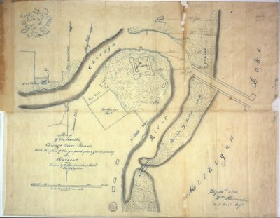 Map of the mouth of the Chicago River, Illinois with the plan of the proposed piers for improving the harbour by E. Harrison