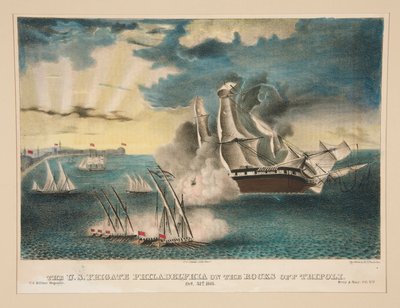 The U.S. Frigate Philadelphia on the rocks off Tripoli (From the U.S. Military Magazine Army and Navy, Vol. II) by E. J. Pinkerton