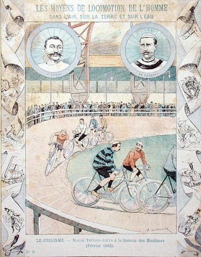 Charles Terront and Jules Corre at the Galerie des Machines in February 1893, from a schoolbook by E. Letellier