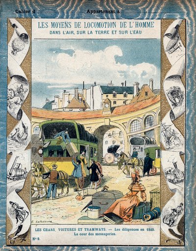 Stagecoach in 1840 - From a protective sleeve for school books, late 19th century - illustration by E. Letellier by E. Letellier