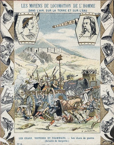 Gallic war chariots at the Battle of Gergovia - From a protective sleeve for school books, late 19th century - illustration by E Letellier by E. Letellier