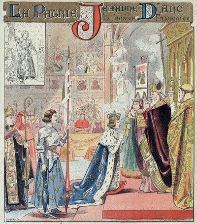 Joan of Arc takes part in the coronation ceremony of Charles VII in Reims on 17 July 1429 - From a protective sleeve for school books, late 19th century - King Charles VII (1403-1461) receives the crown in the Cathedral of Reims on 17/07/1429 in the presen by E. Letellier