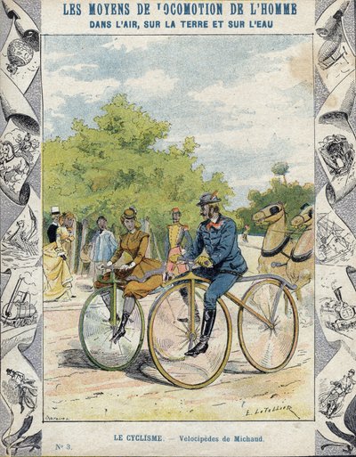 Pierre Michaux and Michaudine Velocipedes - From a Protective Sleeve for School Books, Late 19th Century by E. Letellier