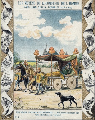 Tanks in the Middle Ages - A Chatelaine en voyage - illustration by E Letellier - Protects historical notebook, late 19th century by E. Letellier
