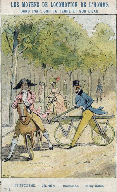 Velocipedes - English celerifere - Draisienne, ancestor of the bicycle by E. Letellier