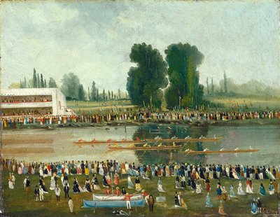 Rowing Scene: Crowds Watching from the River Banks, late 19th century by E. Levy