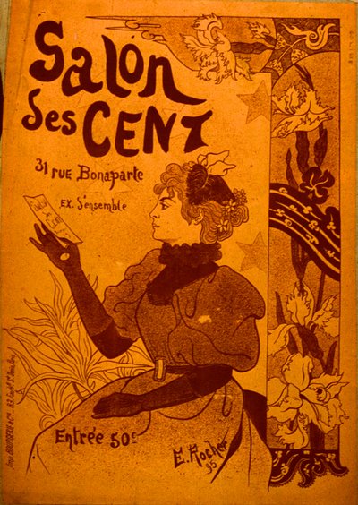 A woman examining an invitation, Salon des Cent by E. Rocher