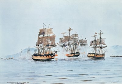 Commodore Macdonough in the Saratoga defeats the British, Battle of Lake Champlain by E. Tufnell