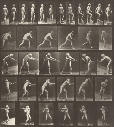 Plate Number 521. A: Walking. B: Ascending a Step. C: Throwing the Disk. D: Using a Shovel, 1887 by Eadweard Muybridge
