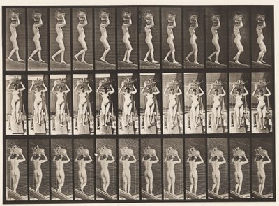 Descending Incline, 20-lb Basket on Head, Hands Raised by Eadweard Muybridge