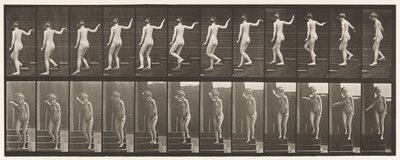 Plate 132. Descending Stairs, Turning to Look Around & Waving Hand by Eadweard Muybridge