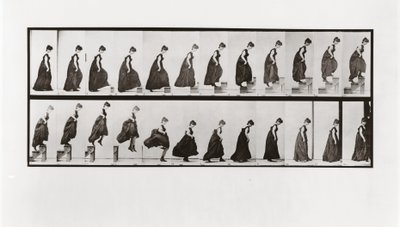 Woman climbing stairs and jumping down, Plate 173 from Animal Locomotion by Eadweard Muybridge
