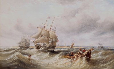 A Two Decker Leaving Port with Other Warships Anchored in the Roadstead by Ebenezer Colls