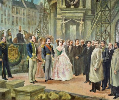 Baron Georges-Eugene Haussmann, Napoleon III, and Empress Eugenie Visiting the Workers at the Opera by Ed. Gilis