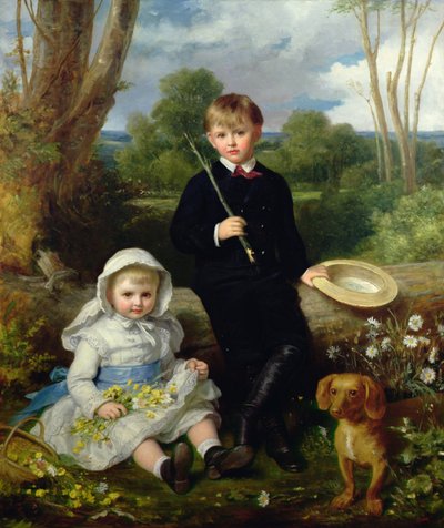 Portrait of a Brother and Sister with their Pet Dog in a Wooded Landscape by Eden Upton Eddis