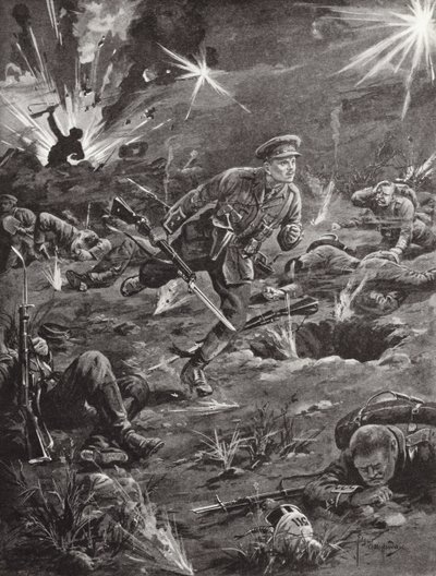 Lieutenant Benjamin Geary hurrying, under heavy shellfire, to a trench on the right of Hill 60 to get into touch with an officer, Ypres, Belgium, April 1915 by Edgar Alfred Holloway