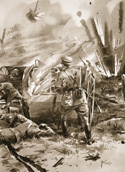 Major Warren removing cartridges from a blazing ammunition wagon at great personal risk by Edgar Alfred Holloway