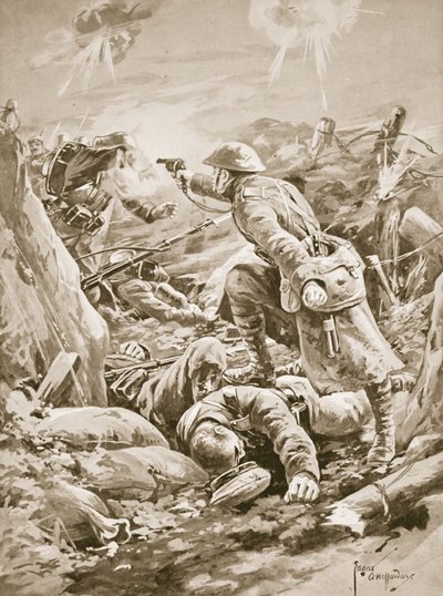 Private (Acting-Corporal) L. Clarke, singlehanded, holding at bay a party of Germans during a counter-attack by Edgar Alfred Holloway