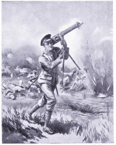 Private Lynn carrying away a machine gun for repair under heavy fire at the Battle of Aisne. Awarded DCM 1915 by Edgar Alfred Holloway