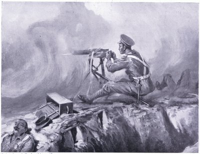 Private Lynn Dying from Gas Poisoning, Serves a Machine Gun and Beats Off a German Attack. Ypres April 1915 by Edgar Alfred Holloway