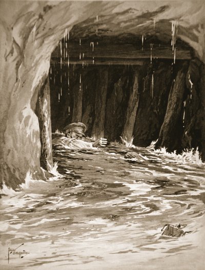 Second-Corporal Collier struggling out of a mine gallery nearly full of water after completing his work by Edgar Alfred Holloway