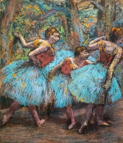 Three Dancers (blue skirts, red corsages) by Edgar Degas
