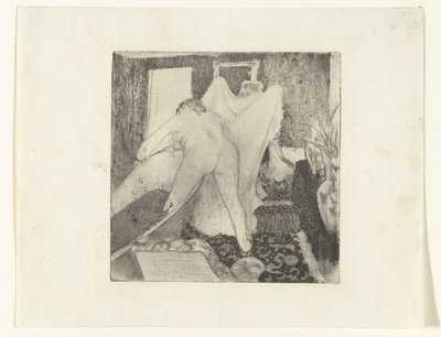 Woman Stepping Out of Bath and Receiving Towel from Another Woman by Edgar Degas