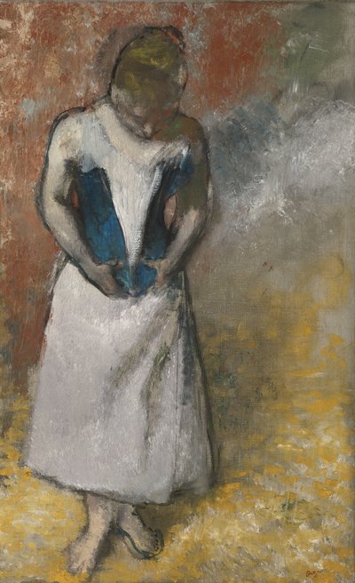 Woman Standing from the Front, Clasping Her Corset by Edgar Degas