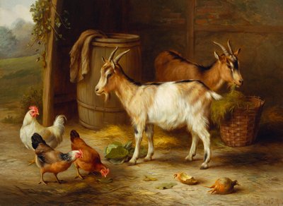 Chickens and Goats by a Barn Door by Edgar Hunt