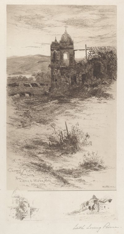 Carmel Mission (before restoration) by Edith Loring Peirce Getchell, after William Keith