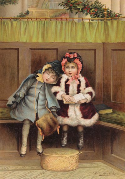 Two girls in church on Christmas morning by Edith S. Berkeley