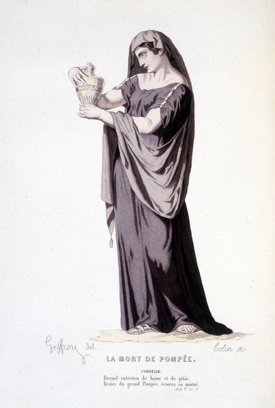 The character of Cornelie in the theatre play La mort de Pompee (Compendium of plays of Corneille) drawing by Geffroy, engraving by Colin - ed. Laplace, Sanchez et Cie, Paris 1884 by Edmond Aime Florentin Geffroy