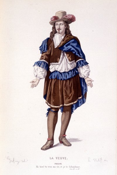 The Character of Philiste in La Veuve ou le Traitre Betrayed - Complete Theatre: (Collection of Plays by Corneille) Drawing by Geffroy, Engraving by L. Wolff - Ed. Laplace, Sanchez et Cie, Paris 1884 by Edmond Aime Florentin Geffroy